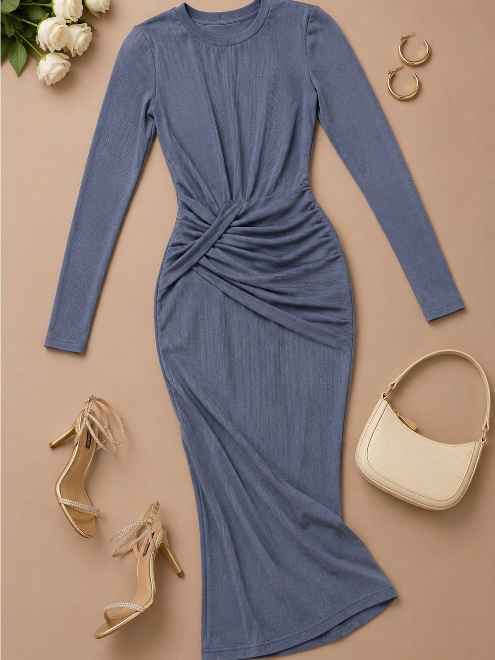 Knot-Waist Long Sleeve Midi Dress in Slate Blue
